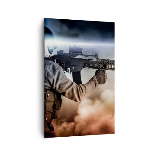 Impression sur toile - Image sur toile - Un soldat en action avec un fusil sur fond de nuages et de lumière. - 80x120cm - Tout simplement un héros - Décoration murale moderne pour le salon et la chambre ARTTOR