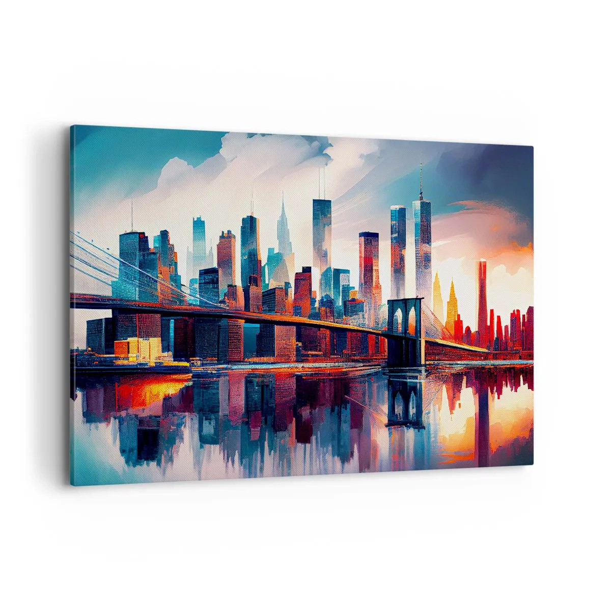 Impression sur toile - Image sur toile - Panorama de la ville de New York avec pont et reflet dans l'eau - 100x70cm - New York onirique - Décoration murale moderne pour le salon et la chambre ARTTOR