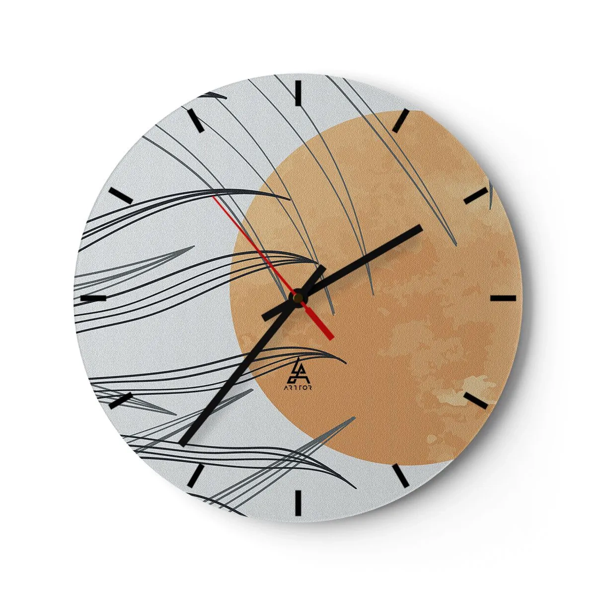Horloge murale - Pendule murale - Graphique avec un cercle orange et des lignes d'herbe en arrière-plan - 30x30cm - Toujours vers le soleil - Décoration murale moderne pour le salon, la cuisine et la chambre ARTTOR