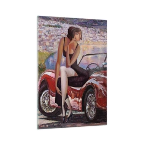Impression sur verre - Image sur verre - Une femme près d'une voiture rouge avec une ville en arrière-plan - 70x100cm - L'été? Uniquement sur la Côte d'Azur - Décoration murale moderne pour le salon et la chambre ARTTOR
