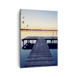 Impression sur toile - Image sur toile - Jetée en bois sur un lac au lever du soleil avec des oiseaux - 50x70cm - C'était une bonne journée - Décoration murale moderne pour le salon et la chambre ARTTOR