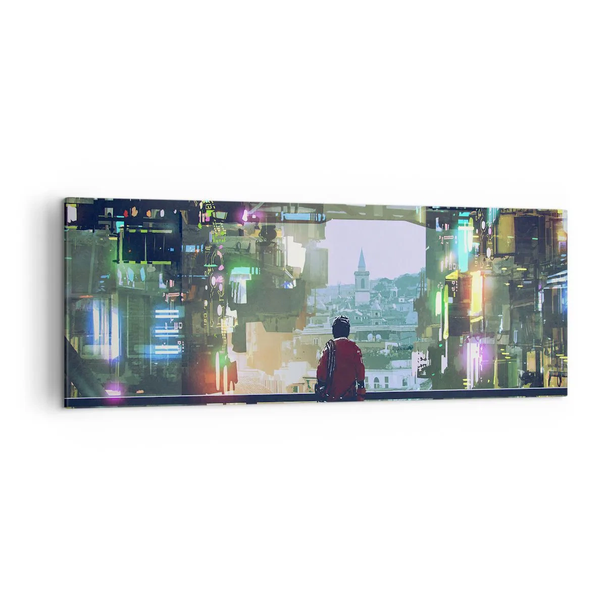 Impression sur toile - Image sur toile - Une silhouette dans une ville futuriste avec des néons - 140x50cm - Deux mondes - Décoration murale moderne pour le salon et la chambre ARTTOR