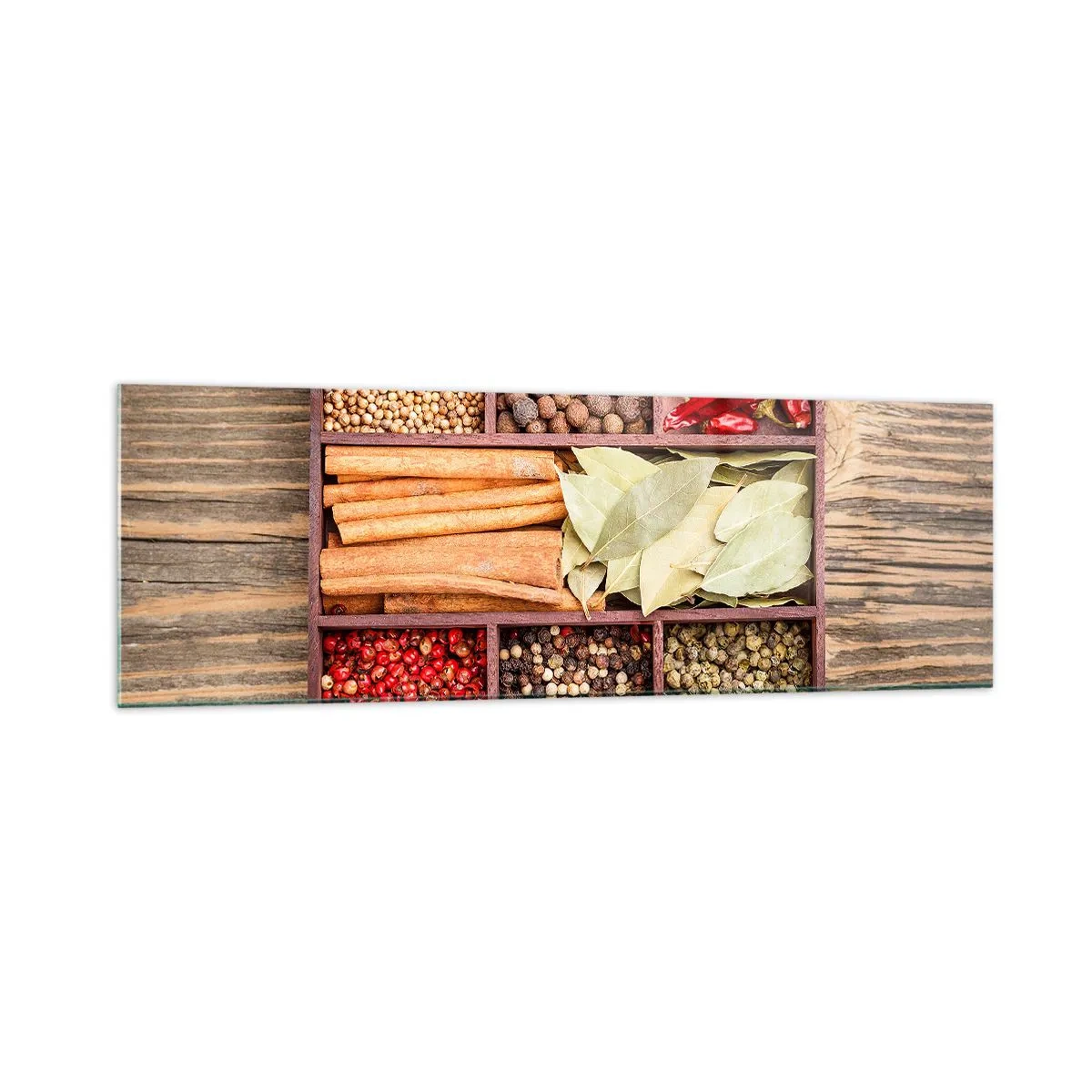 Impression sur verre - Image sur verre - Boîte en bois avec diverses épices dans des compartiments - 160x50cm - Ordre des formes, bouquet d'arômes - Décoration murale moderne pour le salon et la chambre ARTTOR