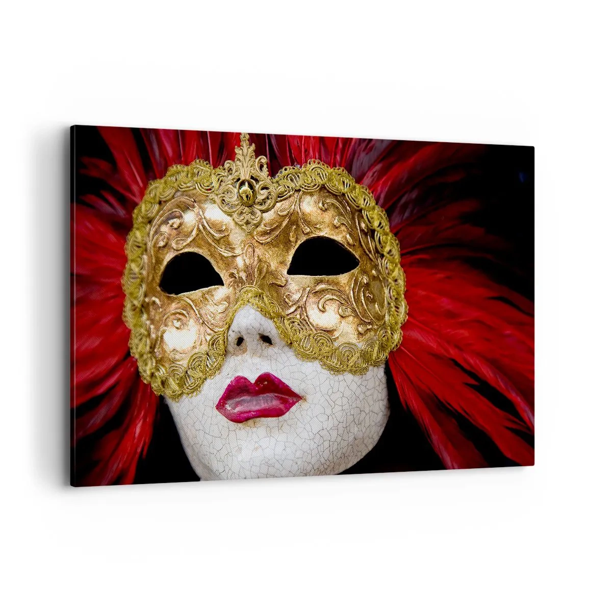 Impression sur toile - Image sur toile - Masque vénitien doré avec plumes rouges - 120x80cm - La promesse d'une aventure carnavalesque - Décoration murale moderne pour le salon et la chambre ARTTOR