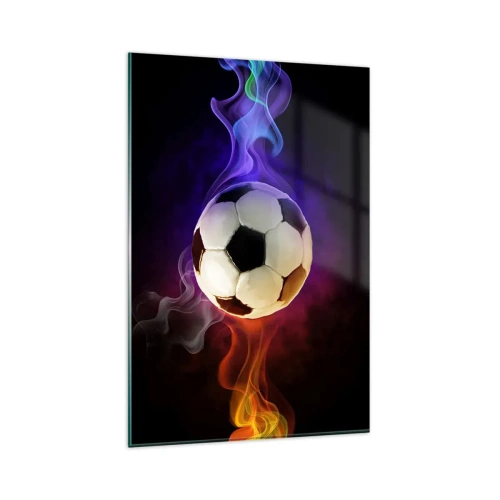 Impression sur verre - Image sur verre - Un ballon de football entouré d'effets de fumée colorés sur un fond sombre. - 80x120cm - Le pouvoir magique du jeu - Décoration murale moderne pour le salon et la chambre ARTTOR