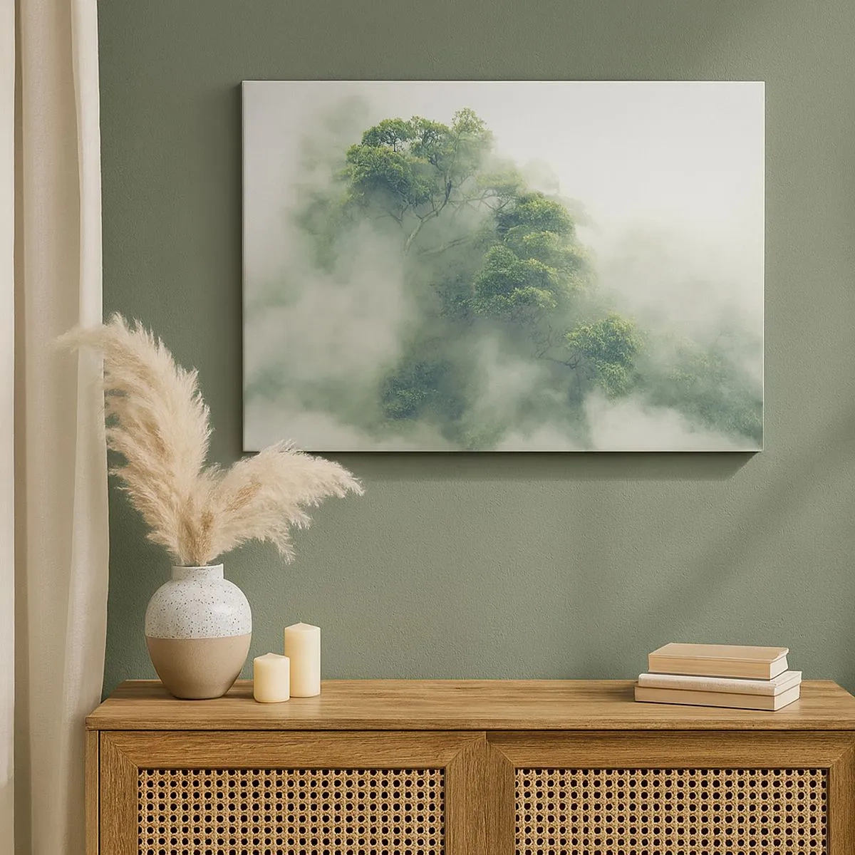 Impression sur toile - Image sur toile - Arbres verts dans un épais brouillard sur fond naturel - 70x50cm - Enveloppé de brouillard - Décoration murale moderne pour le salon et la chambre ARTTOR