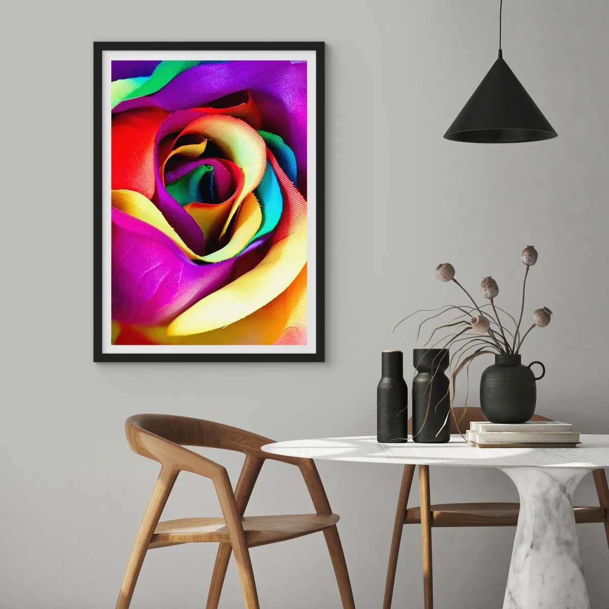 Affiche dans un cadre noir - Poster - Gros plan d'une rose colorée aux pétales arc-en-ciel - 50x70cm - Ce n'est pas possible - Décoration murale moderne pour le salon et la chambre ARTTOR