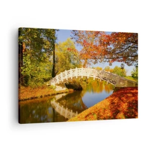 Impression sur toile - Image sur toile - Un pont dans un parc entouré de feuilles d'automne sur une eau calme - 70x50cm - Sur le pont blanc des soupirs - Décoration murale moderne pour le salon et la chambre ARTTOR