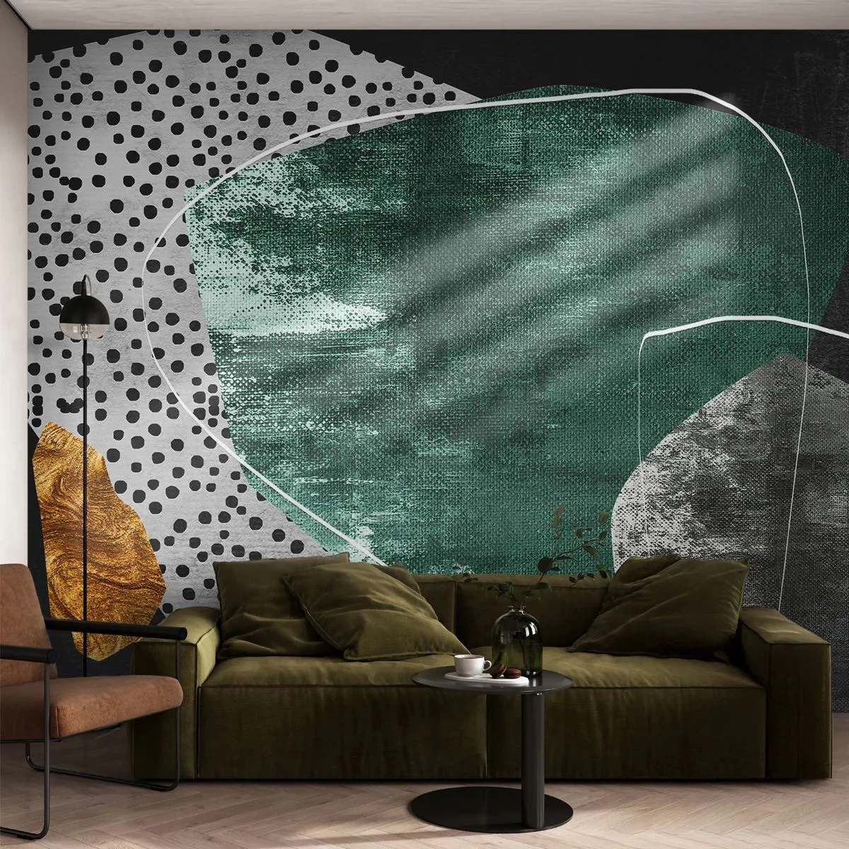 Papier Peint Photo Premium Sand - Formes géométriques vertes et dorées sur fond noir et gris - 100x70cm - Abstraction colorée avec feuille d'or - Décoration murale moderne pour le salon et la chambre ARTTOR