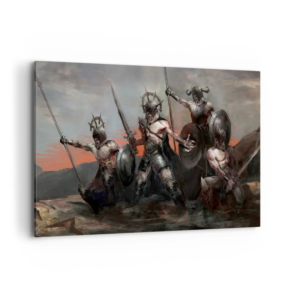 Impression sur toile - Image sur toile - Un groupe de guerriers en armure avec des lances sur fond de coucher de soleil - 100x70cm - Avec ou sur un bouclier - Décoration murale moderne pour le salon et la chambre ARTTOR