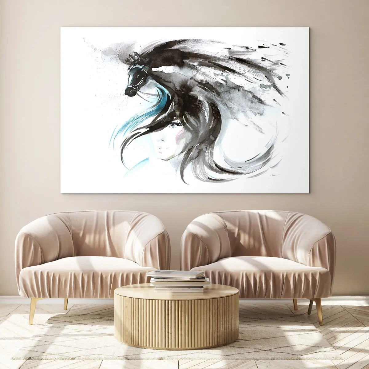 Impression sur verre - Image sur verre - Portrait d'une femme et d'un cheval dans une composition artistique et dynamique - 70x50cm - Galop du prince noir - Décoration murale moderne pour le salon et la chambre ARTTOR