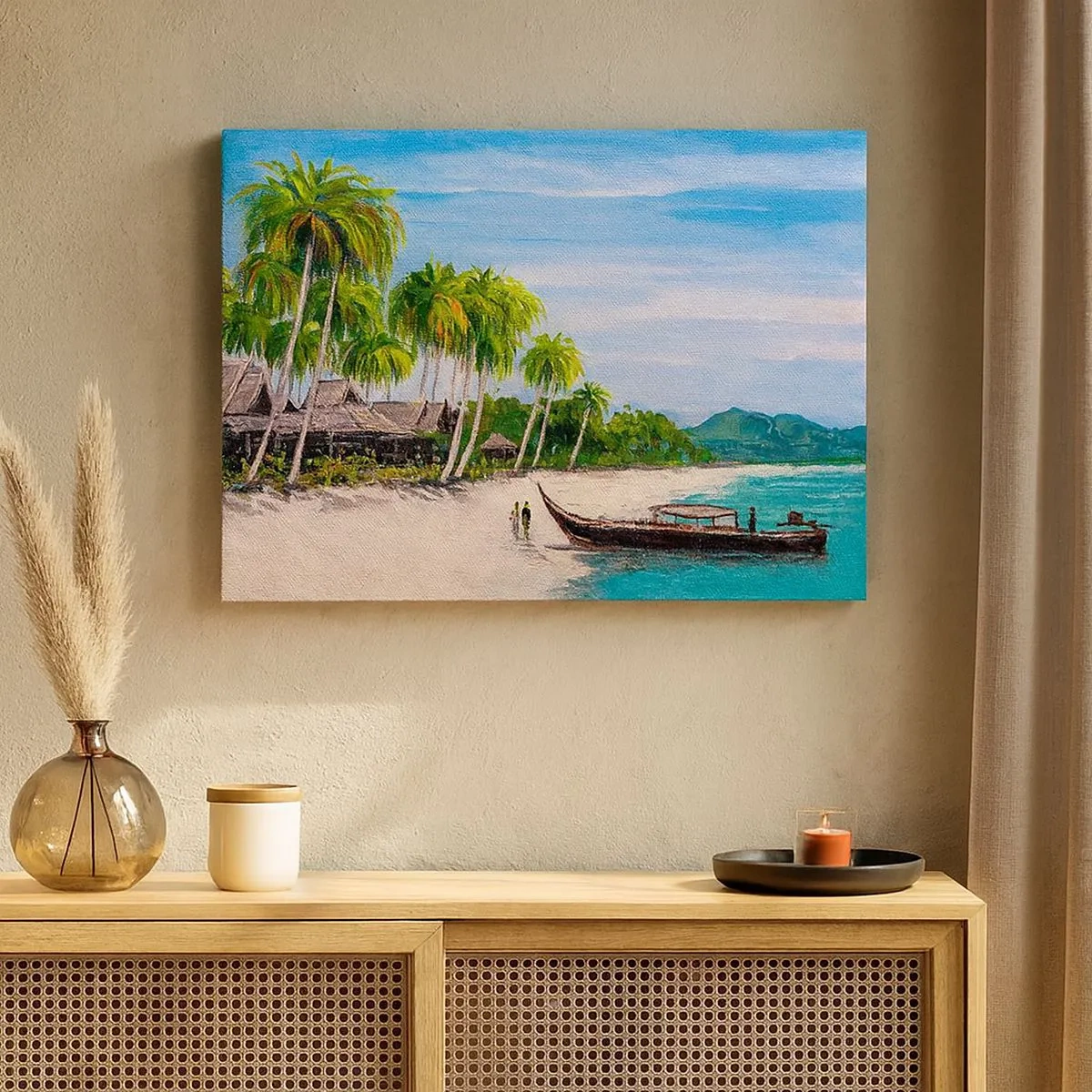 Impression sur toile - Image sur toile - Une plage exotique avec des palmiers et un bateau sur le rivage - 70x50cm - Rêve exotique - Décoration murale moderne pour le salon et la chambre ARTTOR