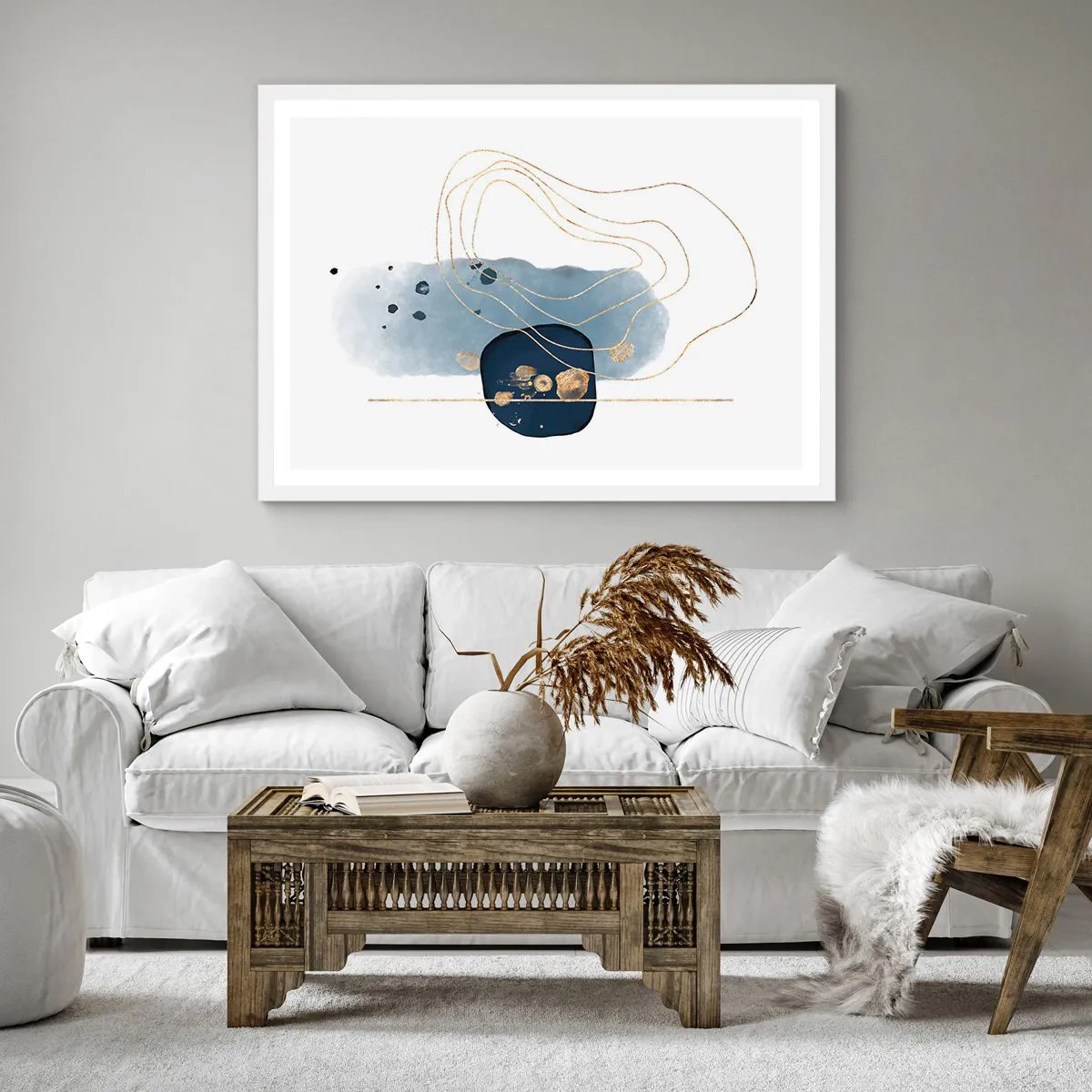 Affiche dans un cadre blanc - Poster - Fantaisie bleu et or - 60x60 cm