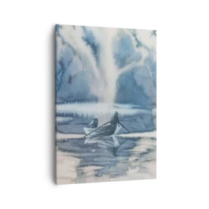 Impression sur toile - Image sur toile - Paysage à l'aquarelle avec des bateaux sur un lac entouré d'une forêt brumeuse - 50x70cm - Les pêcheurs dans leur paradis - Décoration murale moderne pour le salon et la chambre ARTTOR