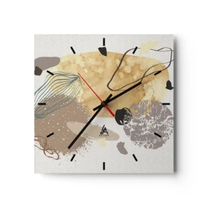 Horloge murale - Pendule murale - Une composition de formes abstraites en beige et jaune. - 30x30cm - Plumcologie appliquée - Décoration murale moderne pour le salon et la chambre ARTTOR