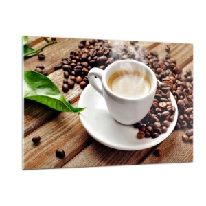Impression sur verre - Image sur verre - Une tasse de café entourée de grains sur une table en bois - 120x80cm - Café sur un banc - Décoration murale moderne pour le salon et la chambre ARTTOR