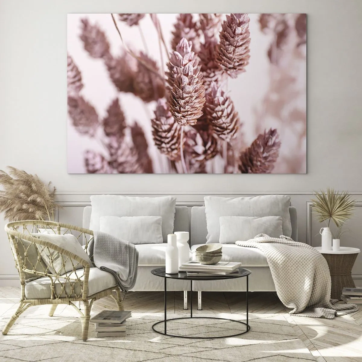 Impression sur verre - Image sur verre - Épis d'herbe séchée dans des tons rose poudré - 100x70cm - Apparemment discret - Décoration murale moderne pour le salon et la chambre ARTTOR