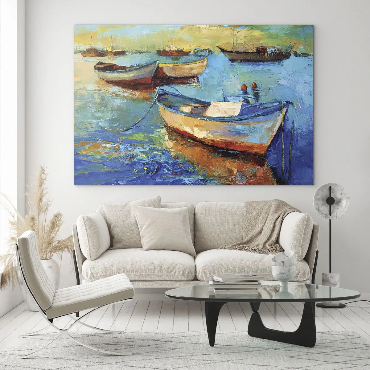 Impression sur verre - Image sur verre - Bateaux colorés sur un fond d'eau calme - 100x70cm - Dans la baie du sud - Décoration murale moderne pour le salon et la chambre ARTTOR