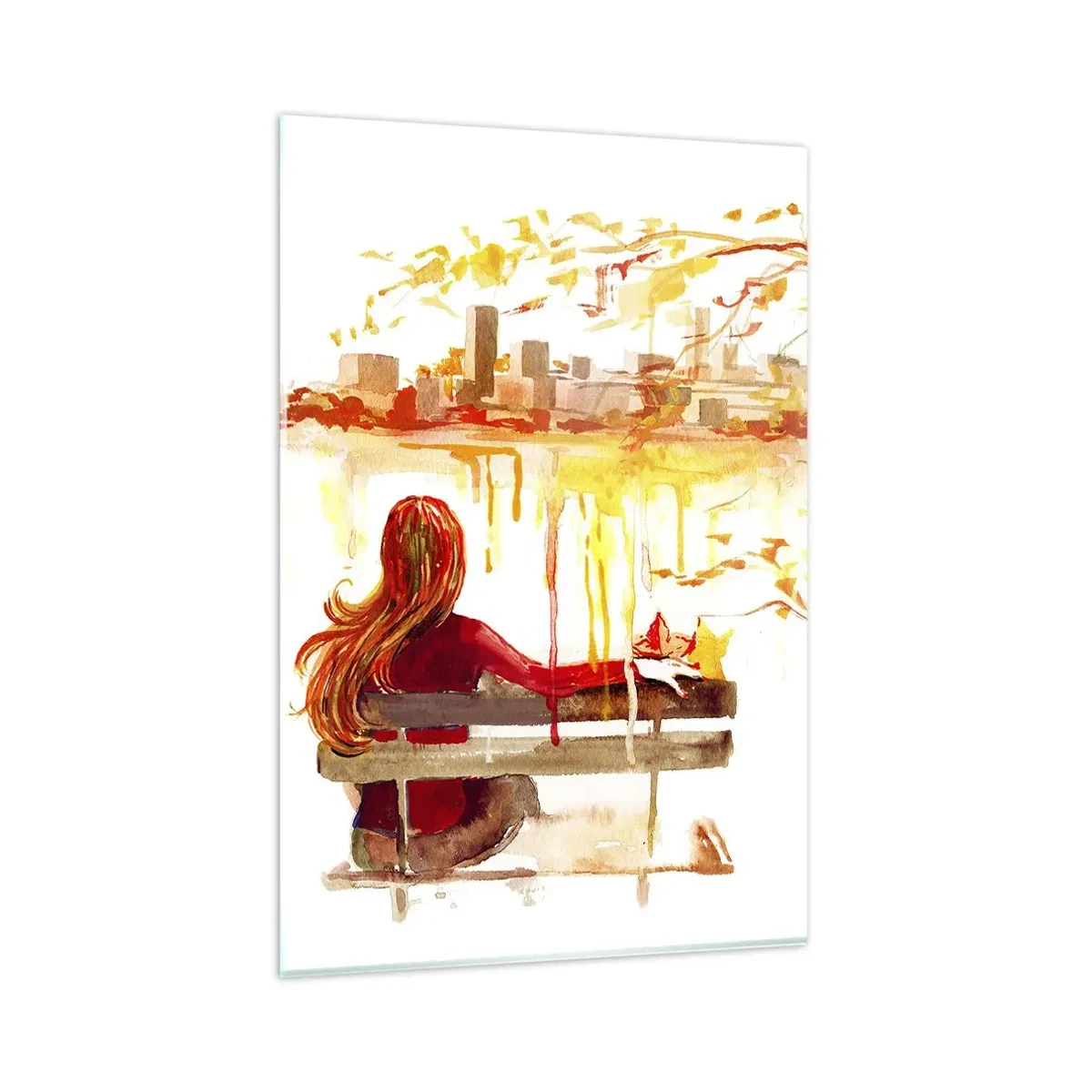 Impression sur verre - Image sur verre - Scène à l'aquarelle d'une femme sur un banc surplombant la ville - 80x120cm - Un moment de réflexion - Décoration murale moderne pour le salon et la chambre ARTTOR