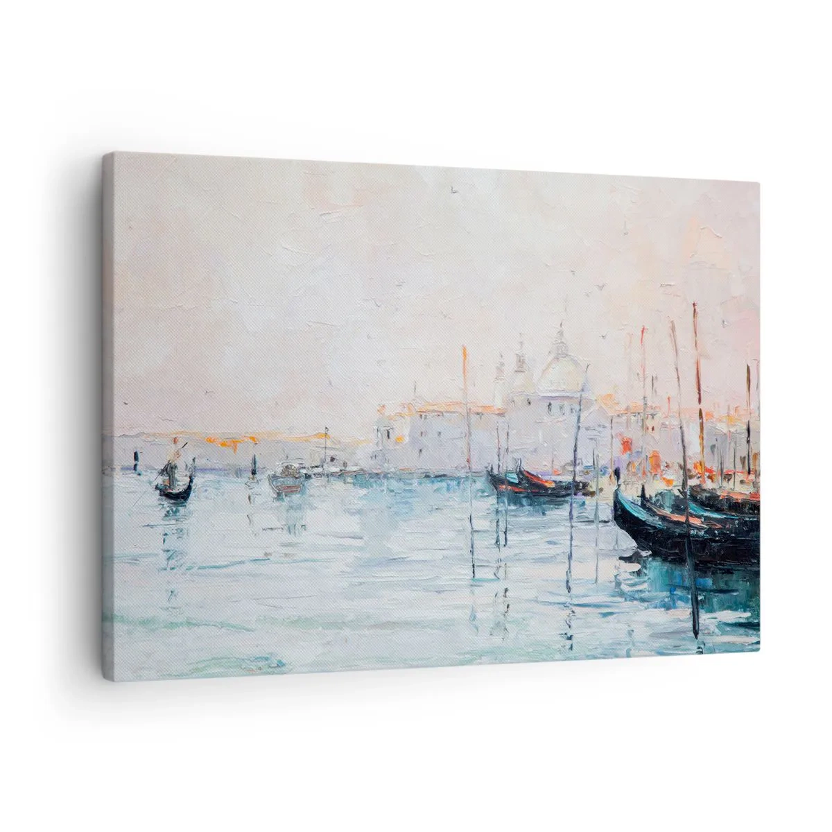 Impression sur toile - Image sur toile - Vue pittoresque des canaux avec des bateaux aux couleurs pastel - 70x50cm - Derrière l'eau, derrière le brouillard - Décoration murale moderne pour le salon et la chambre ARTTOR