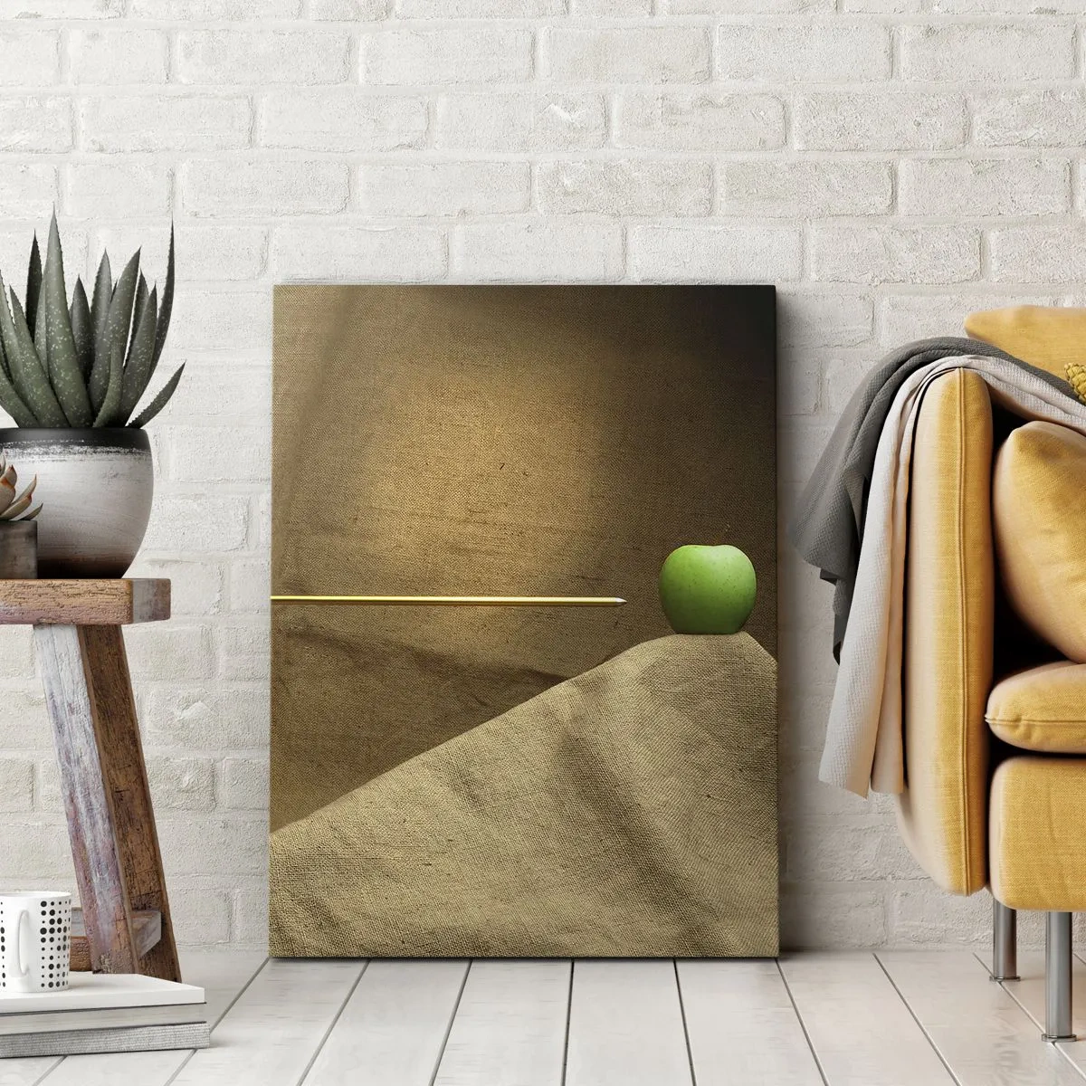 Impression sur toile - Image sur toile - Pomme verte sur tissu avec une flèche créant une composition - 70x100cm - Invoquer l'esprit de Guillaume Tell - Décoration murale moderne pour le salon et la chambre ARTTOR