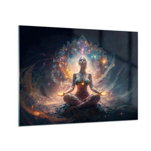 Impression sur verre - Image sur verre - Une femme méditant dans une aura lumineuse d'énergie et de couleur - 70x50cm - Flux de bonne énergie - Décoration murale moderne pour le salon et la chambre ARTTOR