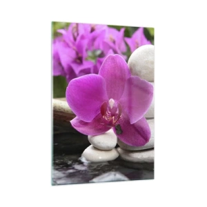 Impression sur verre - Image sur verre - Orchidée violette, pierres et cascade de bambou - 50x70cm - Tu te reposes déjà - Décoration murale moderne pour le salon et la chambre ARTTOR
