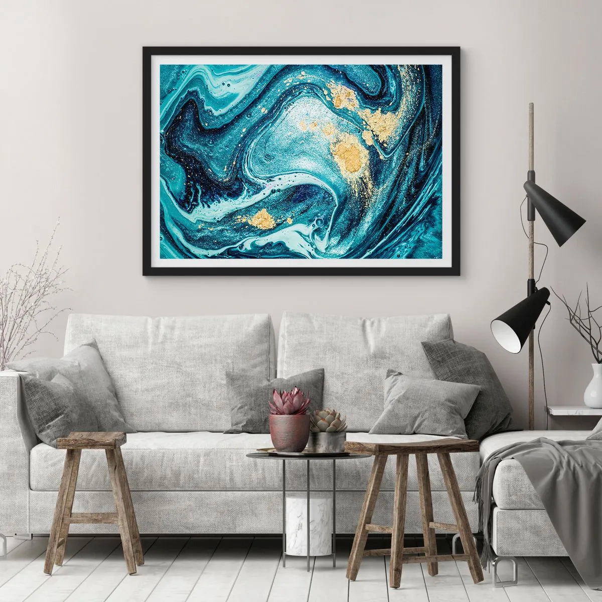 Affiche dans un cadre noir - Poster - Une composition abstraite de vagues et d'accents dorés - 100x70cm - Vortex bleu - Décoration murale moderne pour le salon et la chambre ARTTOR