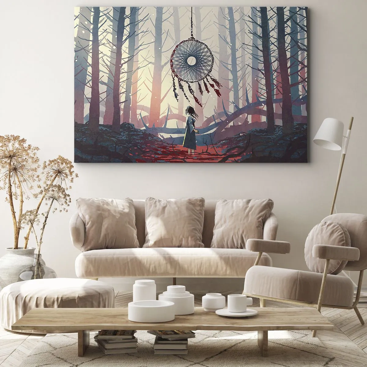 Impression sur toile - Image sur toile - Scène de forêt avec un attrape-rêves géant - 120x80cm - Rituel secret du bonheur - Décoration murale moderne pour le salon et la chambre ARTTOR