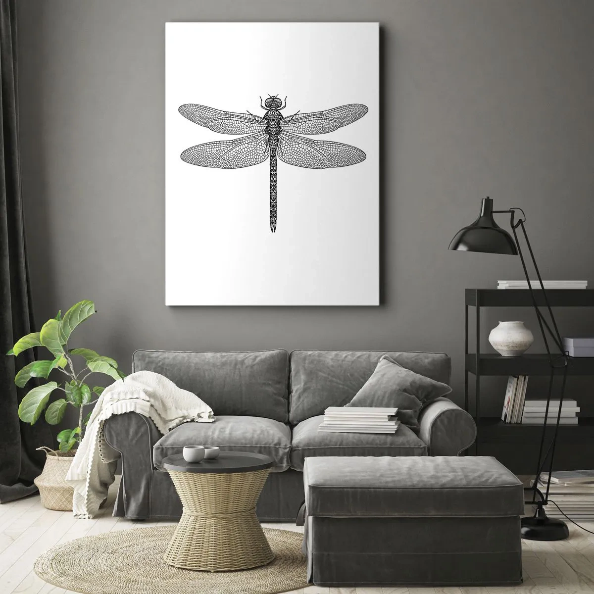 Impression sur toile - Image sur toile - Dessin noir et blanc d'une libellule sur fond blanc dans un style minimaliste - 80x120cm - Précision de la nature - Décoration murale moderne pour le salon et la chambre ARTTOR