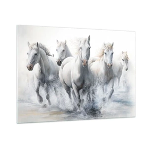 Impression sur verre - Image sur verre - Chevaux blancs galopant dans l'eau dans une composition dynamique - 100x70cm - Magie blanche - Décoration murale moderne pour le salon et la chambre ARTTOR