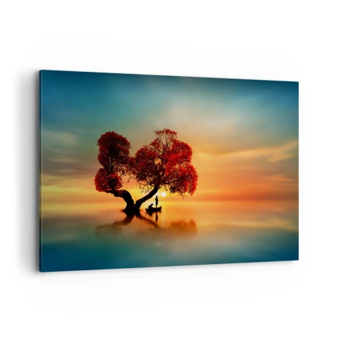 Impression sur toile - Image sur toile - Un arbre à feuilles rouges et un bateau sur l'eau au coucher du soleil - 100x70cm - Plénitude et éloignement sans monde - Décoration murale moderne pour le salon et la chambre ARTTOR