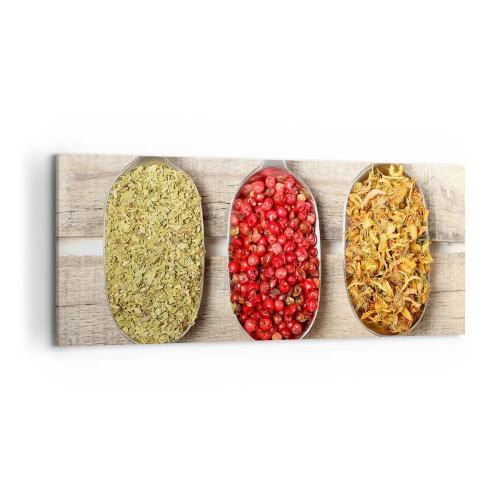 Impression sur toile - Image sur toile - Trois cuillères en métal avec des épices sur un fond en bois - 120x50cm - Magie de la cuisine - Décoration murale moderne pour le salon et la chambre ARTTOR