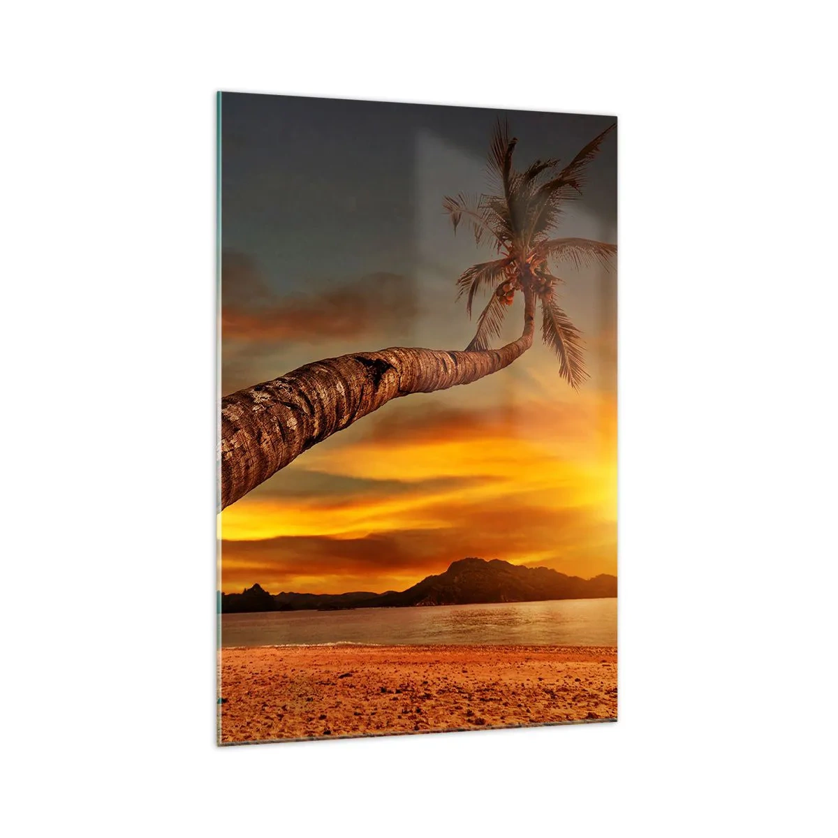 Impression sur verre - Image sur verre - Palmier sur la plage au coucher du soleil avec vue sur la mer - 70x100cm - Vacances exotiques, aventure caribéenne - Décoration murale moderne pour le salon et la chambre ARTTOR