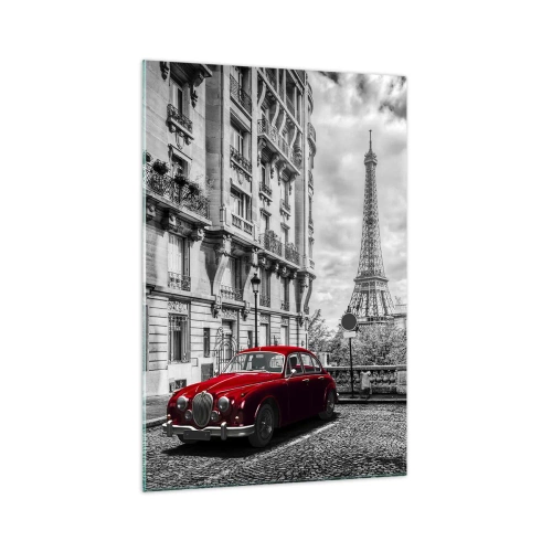 Impression sur verre - Image sur verre - Une voiture rouge avec la Tour Eiffel en arrière-plan dans un décor noir et blanc - 70x100cm - Prédateur dans la ville - Décoration murale moderne pour le salon et la chambre ARTTOR