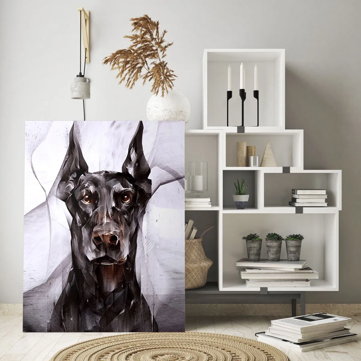 Impression sur verre - Image sur verre - Portrait d'un chien noir dans un style abstrait sur fond clair - 50x70cm - Né noble - Décoration murale moderne pour le salon et la chambre ARTTOR