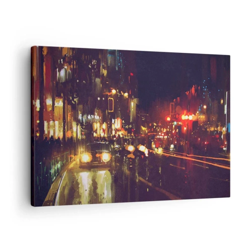 Impression sur toile - Image sur toile - Scène de ville nocturne avec des lumières colorées et des reflets dans la rue - 70x50cm - Immergé dans les lumières de la nuit - Décoration murale moderne pour le salon et la chambre ARTTOR