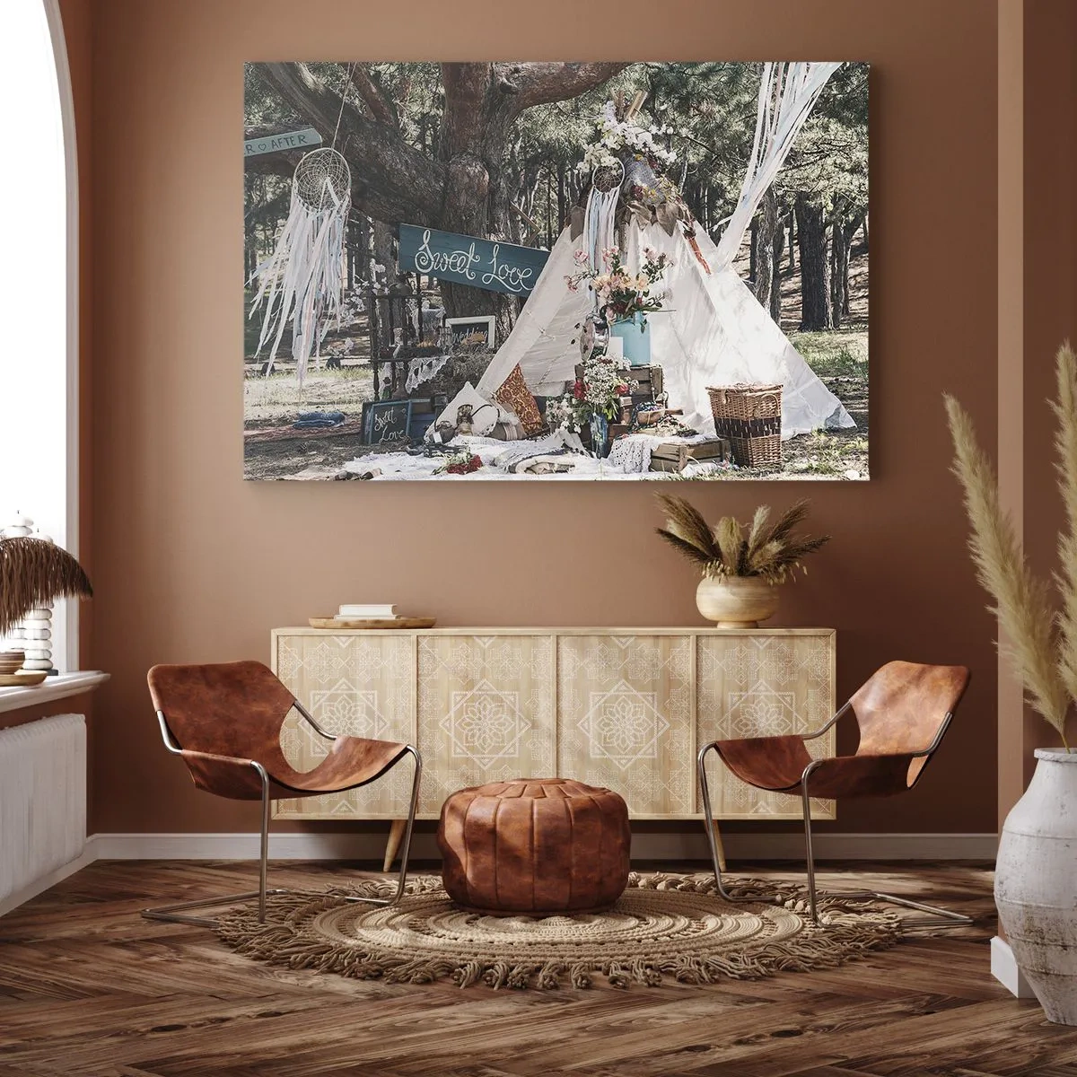 Impression sur toile - Image sur toile - Décoration bohème avec un tipi dans la forêt - 70x50cm - Make love… - Décoration murale moderne pour le salon et la chambre ARTTOR
