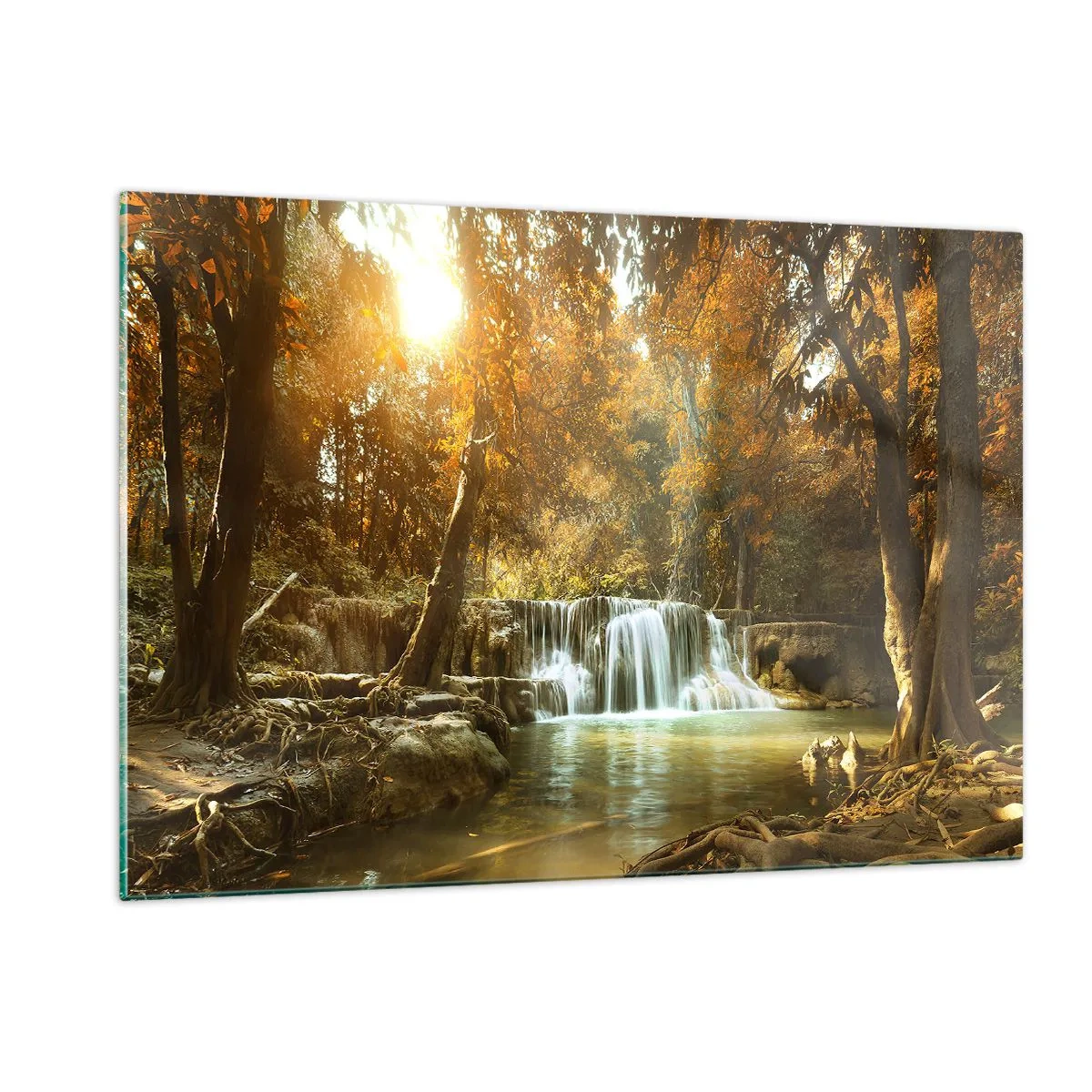 Impression sur verre - Image sur verre - Une cascade dans un parc entouré d'arbres aux couleurs d'automne - 120x80cm - Cascade du parc - Décoration murale moderne pour le salon et la chambre ARTTOR