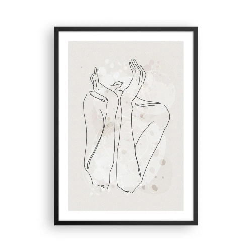 Affiche dans un cadre noir - Poster - Dessin au contour d'une main avec un fond abstrait dans des tons beiges - 50x70cm - Instant de rêve - Décoration murale moderne pour le salon et la chambre ARTTOR
