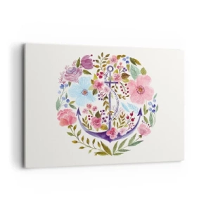 Impression sur toile - Image sur toile - Une ancre entourée de fleurs à l'aquarelle sur un fond clair - 100x70cm - Le beau rêve du marin - Décoration murale moderne pour le salon et la chambre ARTTOR