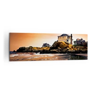 Impression sur toile - Image sur toile - Une maison sur un rocher près de la plage au coucher du soleil avec son reflet dans l'eau - 160x50cm - L'élégance de la côte ouest - Décoration murale moderne pour le salon et la chambre ARTTOR