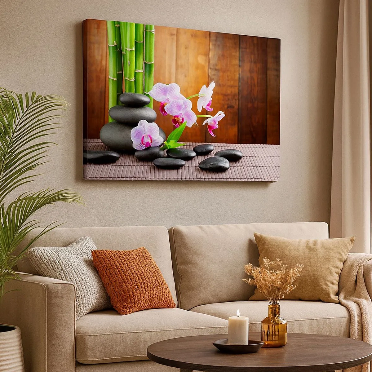 Impression sur toile - Image sur toile - Bambou de style zen, pierres et orchidées roses sur fond de bois - 70x50cm - Rencontrez les plaisirs de l'est - Décoration murale moderne pour le salon et la chambre ARTTOR