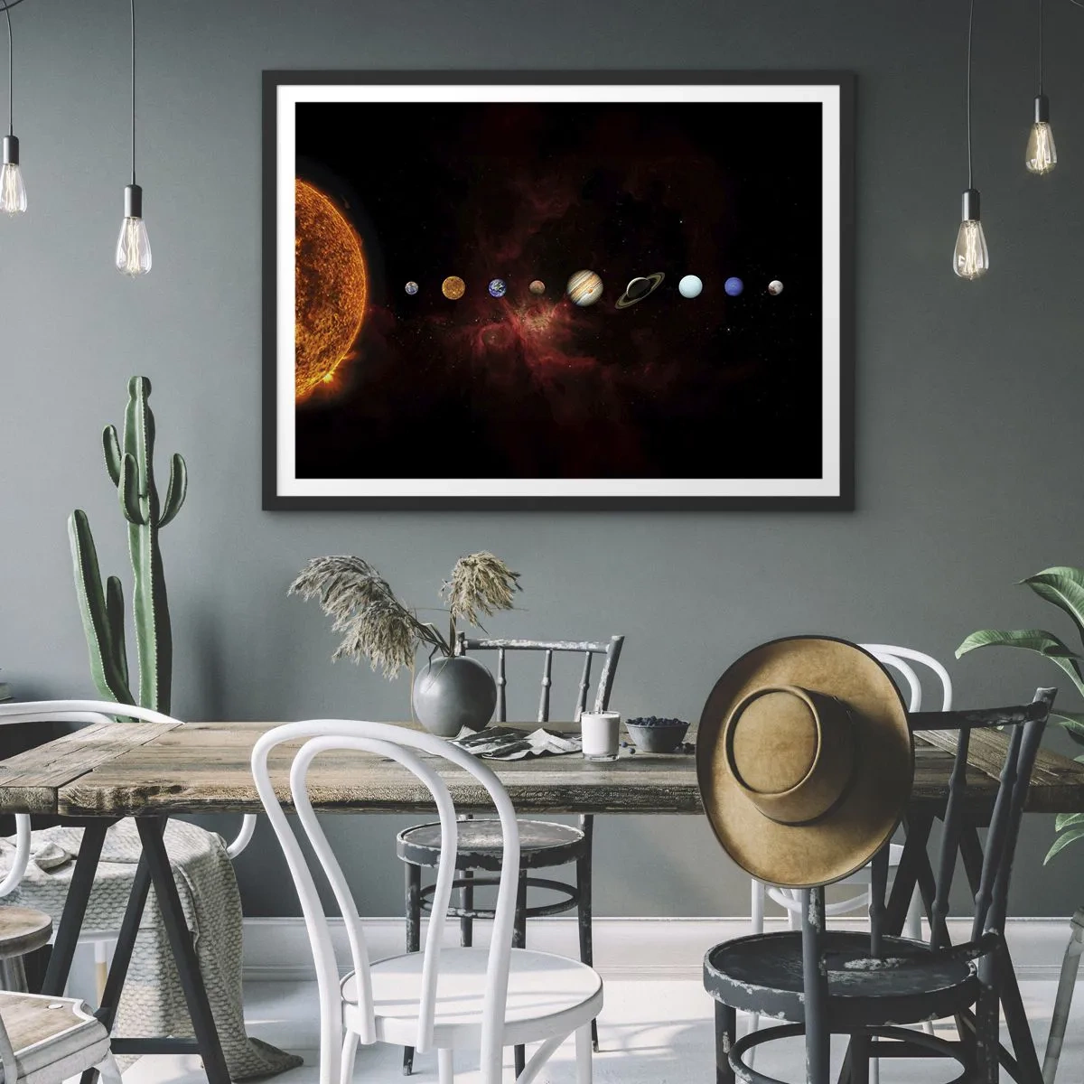 Affiche dans un cadre noir - Poster - Le système solaire avec des planètes sur fond d'espace - 70x50cm - Notre quartier - Décoration murale moderne pour le salon et la chambre ARTTOR