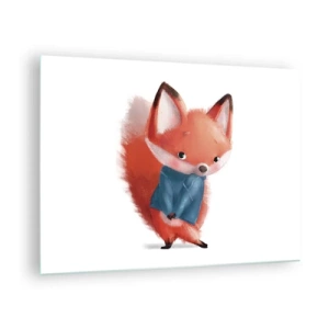 Impression sur verre - Image sur verre - Un renard mignon dans un pull bleu sur fond blanc - 70x50cm - Est-ce que ça me va? - Décoration murale moderne pour le salon et la chambre ARTTOR
