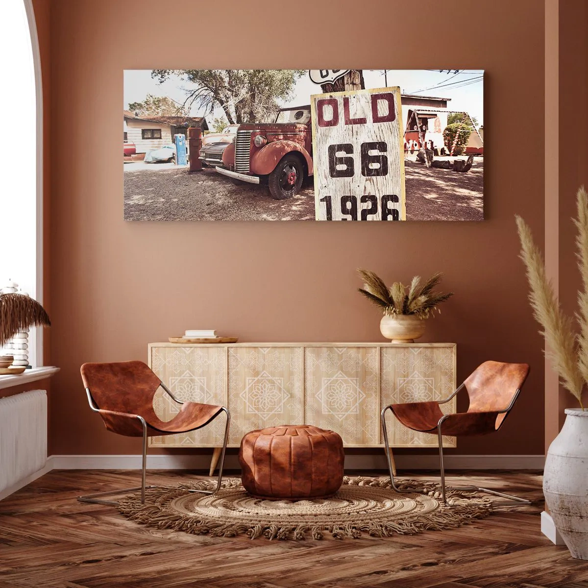 Impression sur toile - Image sur toile - Voiture rétro et panneau Route 66 dans un cadre rustique - 120x50cm - La légende de la province américaine - Décoration murale moderne pour le salon et la chambre ARTTOR