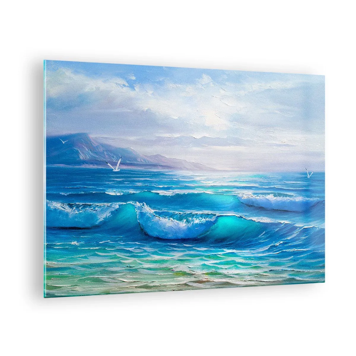 Impression sur verre - Image sur verre - Les vagues bleues de la mer lèchent le rivage par une journée ensoleillée - 70x50cm - Il apporte un soulagement - Décoration murale moderne pour le salon et la chambre ARTTOR