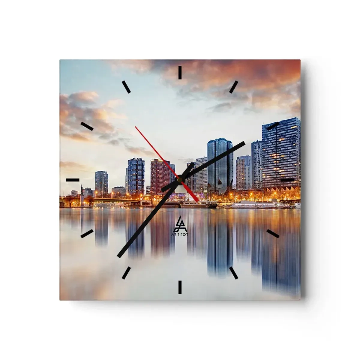 Horloge murale - Pendule murale - Panorama des bâtiments modernes et de la Tour Eiffel au-dessus de l'eau - 30x30cm - La tranquillité monumentale de Paris - Décoration murale moderne pour le salon et la chambre ARTTOR
