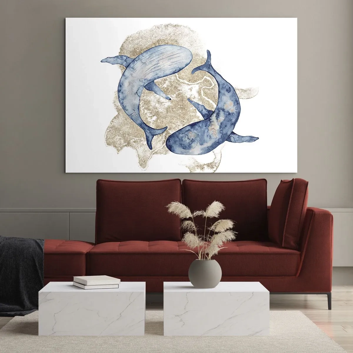 Impression sur verre - Image sur verre - Deux baleines bleues sur un fond de taches dorées abstraites - 120x80cm - Amis ou amoureux? - Décoration murale moderne pour le salon et la chambre ARTTOR