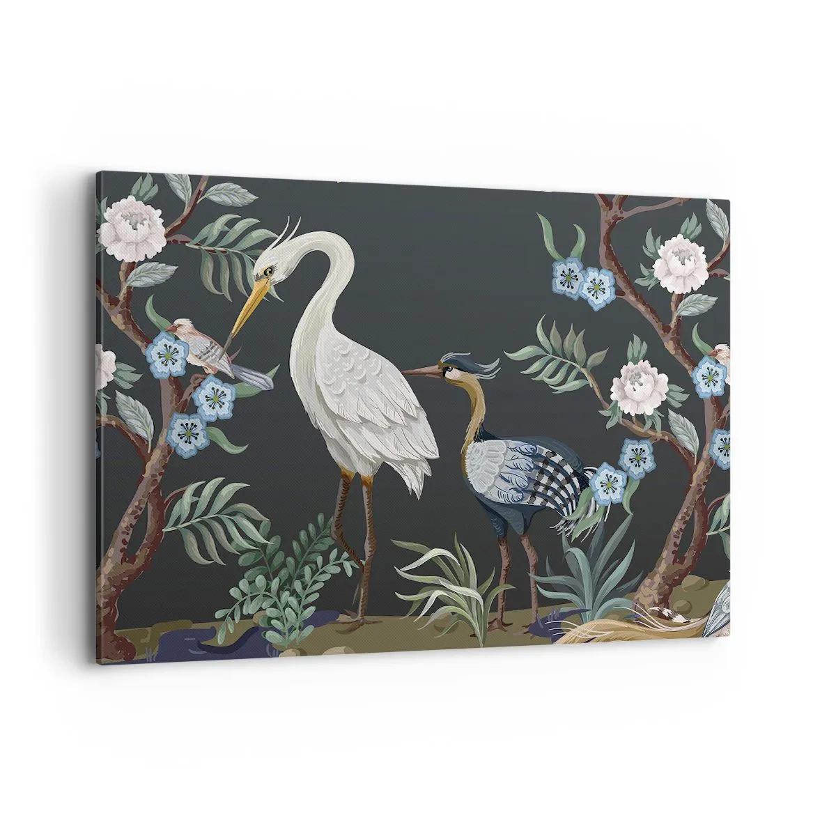 Impression sur toile - Image sur toile - Oiseaux et plantes peints sur un fond sombre avec un motif élégant - 100x70cm - Parade d'oiseaux - Décoration murale moderne pour le salon et la chambre ARTTOR